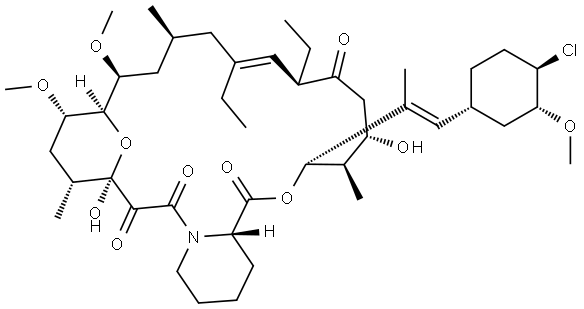 15,19-Epoxy-3H-pyrido[2,1-c][1,4]oxaazacyclotricosine-1,7,20,21(4H,23H)-tetrone, 3-[(1E)-2-[(1R,3R,4R)-4-chloro-3-methoxycyclohexyl]-1-methylethenyl]-8,10-diethyl-5,6,8,11,12,13,14,15,16,17,18,19,24,25,26,26a-hexadecahydro-5,19-dihydroxy-14,16-dimethoxy-4,12,18-trimethyl-, (3S,4R,5S,8R,9E,12S,14S,15R,16S,18R,19R,26aS)- Struktur