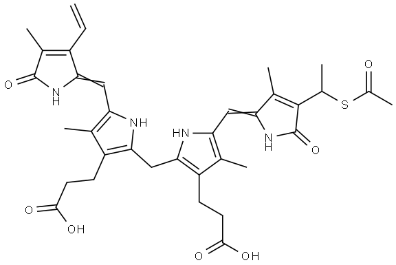 21H-Biline-8,12-dipropanoic acid, 2-[1-(acetylthio)ethyl]-17-ethenyl-1,10,19,22,23,24-hexahydro-3,7,13,18-tetramethyl-1,19-dioxo- (9CI)