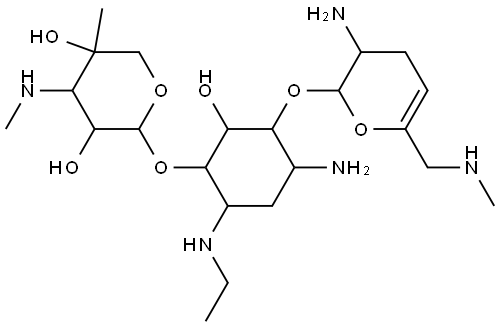 D-Streptamine, O-2-amino-2,3,4,6-tetradeoxy-6-(methylamino)-α-D-glycero-hex-4-enopyranosyl-(1→4)-O-[3-deoxy-4-C-methyl-3-(methylamino)-β-L-arabinopyranosyl-(1→6)]-2-deoxy-N1-ethyl- Struktur