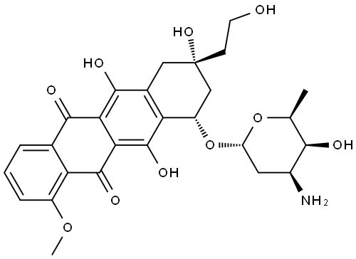 5,12-Naphthacenedione, 10-[(3-amino-2,3,6-trideoxy-α-L-lyxo-hexopyranosyl)oxy]-7,8,9,10-tetrahydro-6,8,11-trihydroxy-8-(2-hydroxyethyl)-1-methoxy-, (8R,10S)- Struktur