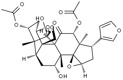 24-Norchola-20,22-diene-4-carboxaldehyde, 3,12-bis(acetyloxy)-14,15:21,23-diepoxy-1,7,19-trihydroxy-4,8-dimethyl-11-oxo-, cyclic 4,19-hemiacetal, [[C(S)],1α,3α,4β,5α,7α,12α,13α,14β,15β,17α]- (9CI) Struktur