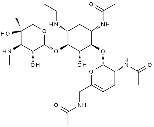 D-Streptamine, O-2,6-bis(acetylamino)-2,3,4,6-tetradeoxy-α-D-glycero-hex-4-enopyranosyl-(1→4)-O-[3-deoxy-4-C-methyl-3-(methylamino)-β-L-arabinopyranosyl-(1→6)]-N3-acetyl-2-deoxy-N1-ethyl- (9CI) Struktur