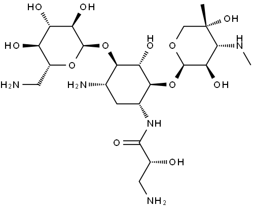 D-Streptamine, O-6-amino-6-deoxy-α-D-glucopyranosyl-(1→4)-O-[3-deoxy-4-C-methyl-3-(methylamino)-β-L-arabinopyranosyl-(1→6)]-N1-(3-amino-2-hydroxy-1-oxopropyl)-2-deoxy-, (R)- (9CI) Struktur