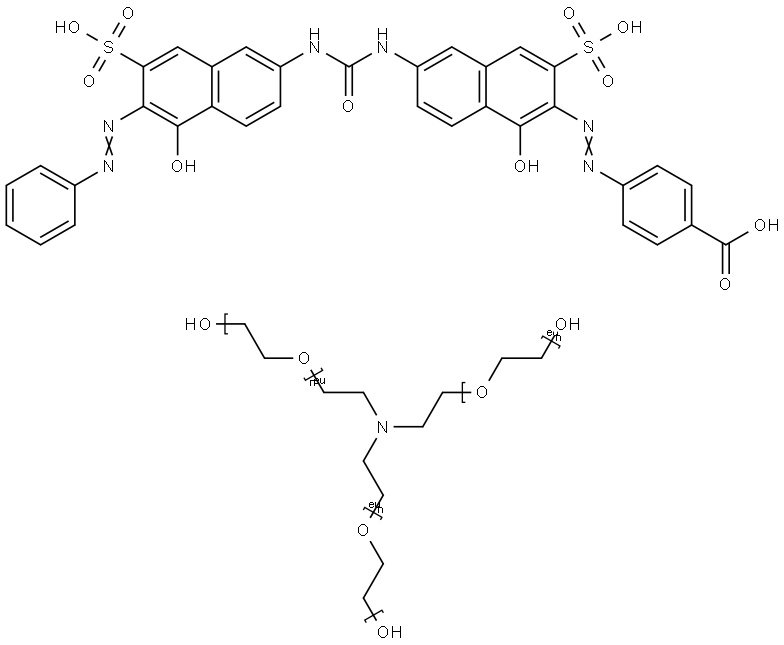 Benzoic acid, 4-[[1-hydroxy-6-[[[[5-hydroxy- 6-(phenylazo)-7-sulfo-2-naphthalenyl]amino]carbonyl ]amino]-3-sulfo-2-naphthalenyl]azo]-, compd. with α,α',α''- (nitrilotri-2,1-ethanediyl)tris[ω-hydroxypoly (oxy-1,2-ethanediyl)] (1:3) Struktur