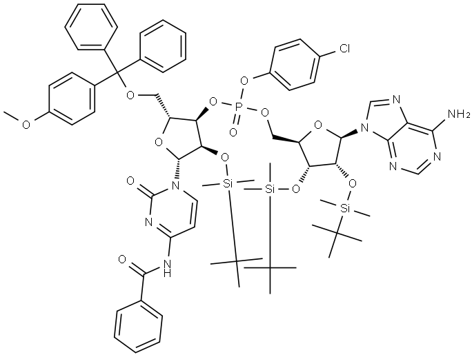 Adenosine, N-benzoyl-P-(4-chlorophenyl)-2'-O-[(1,1-dimethylethyl)dimethylsilyl]-5'-O-[(4-methoxyphenyl)diphenylmethyl]cytidylyl-(3'→5')-2',3'-bis-O-[(1,1-dimethylethyl)dimethylsilyl]- (9CI)