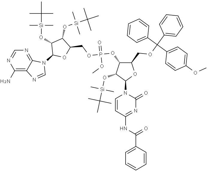 Adenosine, N-benzoyl-2'-O-[(1,1-dimethylethyl)dimethylsilyl]-5'-O-[(4-methoxyphenyl)diphenylmethyl]-P-methylcytidylyl-(3'→5')-2',3'-bis-O-[(1,1-dimethylethyl)dimethylsilyl]- (9CI)