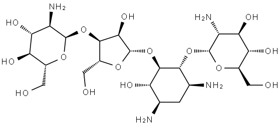 D-Streptamine, O-2-amino-2-deoxy-α-D-glucopyranosyl-(1→4)-O-[O-2-amino-2-deoxy-β-D-glucopyranosyl-(1→3)-β-D-ribofuranosyl-(1→5)]-2-deoxy- (9CI) Struktur