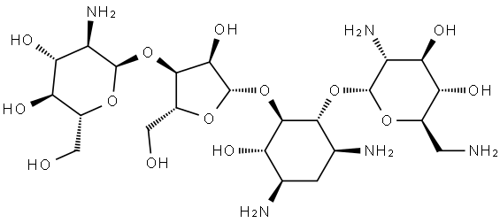 D-Streptamine, O-2-amino-2-deoxy-α-D-glucopyranosyl-(1→3)-O-β-D-ribofuranosyl-(1→5)-O-[2,6-diamino-2,6-dideoxy-α-D-glucopyranosyl-(1→4)]-2-deoxy- Struktur