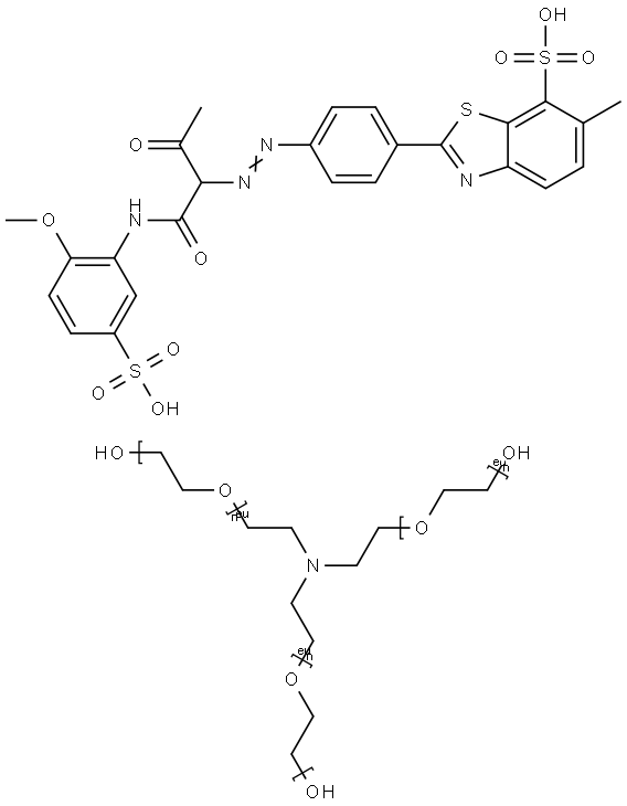 7-Benzothiazolesulfonic acid, 2-[4-[[1-[[(2-methoxy-5-sulfophenyl) amino]carbonyl]-2-oxopropyl]azo]phenyl ]-6-methyl-, compd. with α,α',α''- (nitrilotri-2,1-ethanediyl)tris[ω-hydroxypoly (oxy-1,2-ethanediyl)] (1:2) Struktur