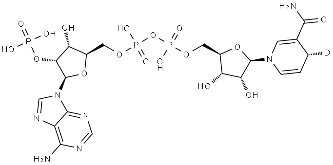 Adenosine 5′-(trihydrogen diphosphate), 2′-(dihydrogen phosphate), P′→5′-ester with (4R)-1,4-dihydro-1-β-D-ribofuranosyl-3-pyridine-4-d-carboxamide Struktur