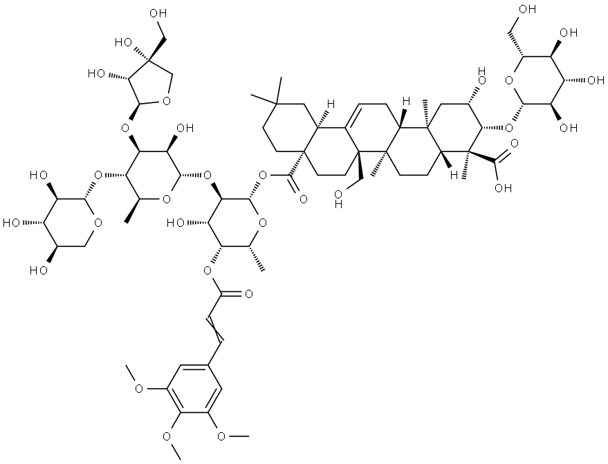 Olean-12-ene-23,28-dioic acid, 3-(β-D-glucopyranosyloxy)-2,27-dihydroxy-, 28-[O-D-apio-β-D-furanosyl-(1→3)-O-[β-D-xylopyranosyl-(1→4)]-O-6-deoxy-α-L-mannopyranosyl-(1→2)-6-deoxy-4-O-[1-oxo-3-(3,4,5-trimethoxyphenyl)-2-propenyl]-β-D-galactopyranosyl] ester, (2β,3β,4α)- Struktur