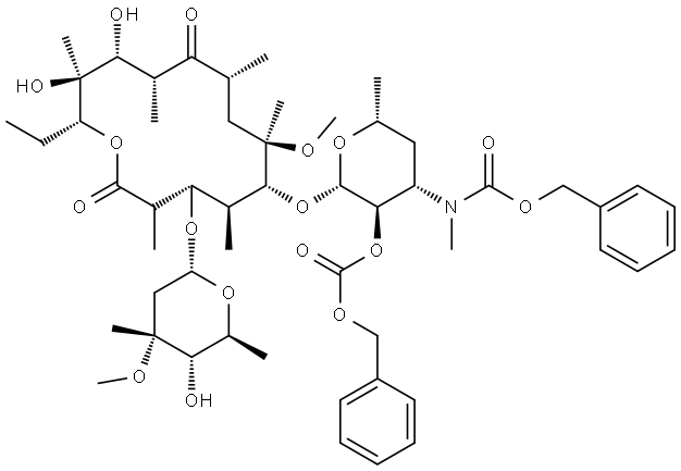 N-demethyl-6-O-methyl-N-[(phenylmethoxy)carbonyl]-2''-(phenylmethylcarbonate) Erythromycin Struktur