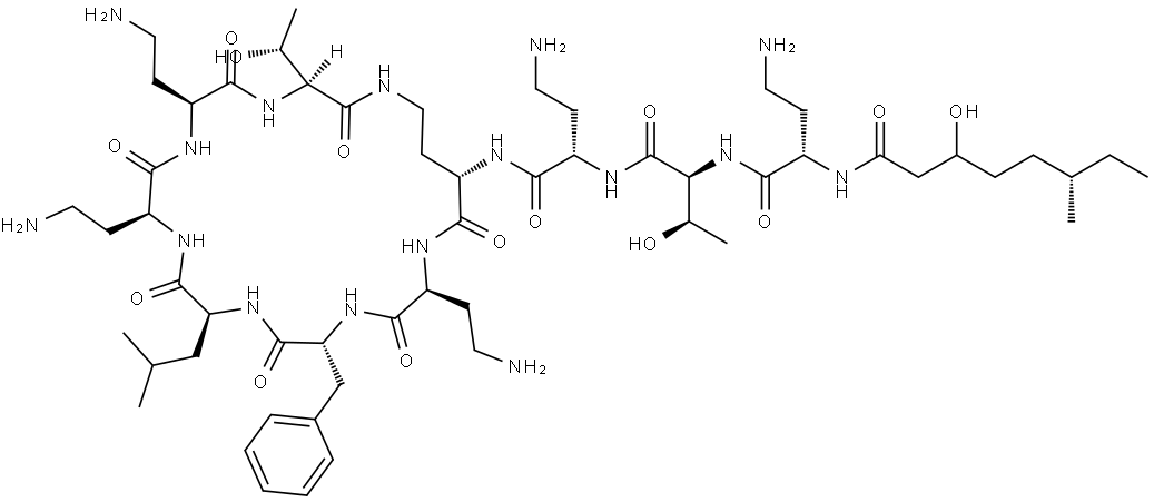 L-Threonine, (2S)-4-amino-2-[[(6S)-3-hydroxy-6-methyl-1-oxooctyl]amino]butanoyl-L-threonyl-(2S)-2,4-diaminobutanoyl-(2S)-2,4-diaminobutanoyl-(2S)-2,4-diaminobutanoyl-D-phenylalanyl-L-leucyl-(2S)-2,4-diaminobutanoyl-(2S)-2,4-diaminobutanoyl-, (10→4)-lactam (9CI) Struktur