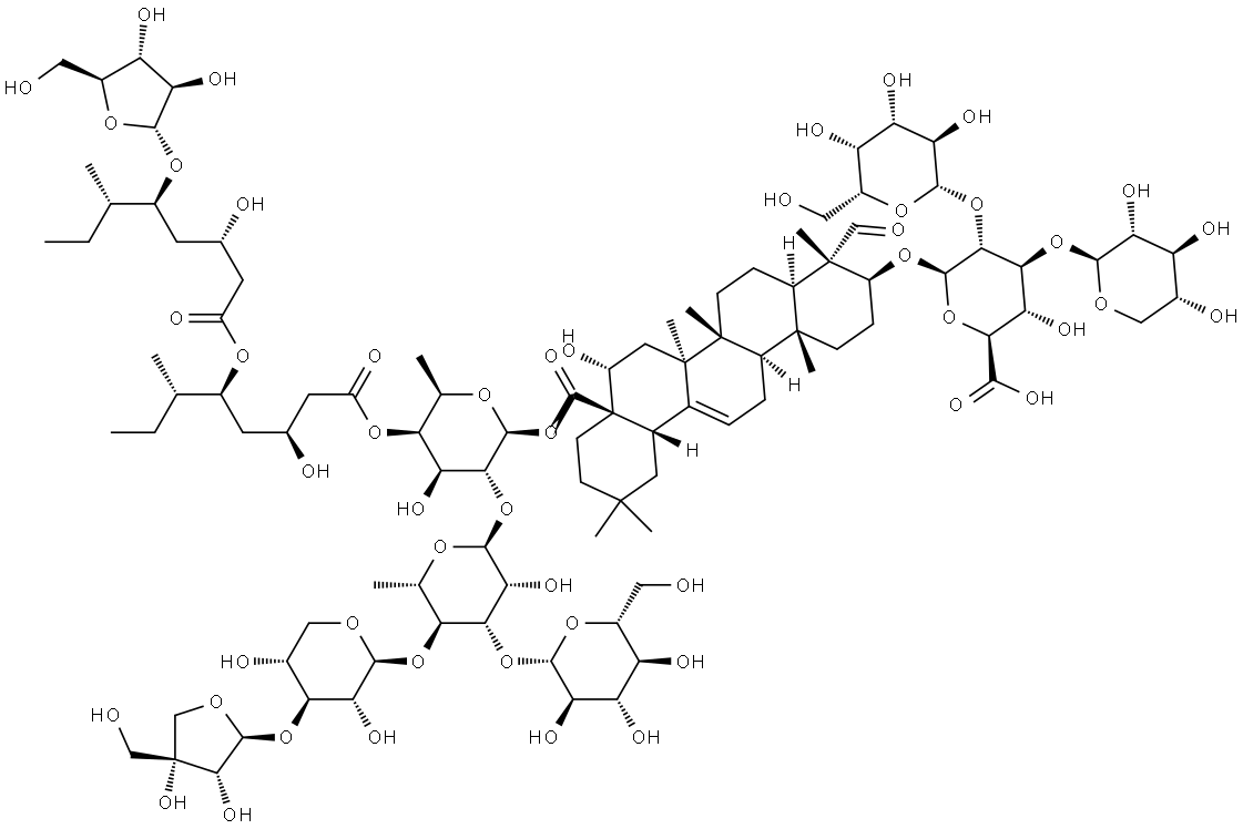 β-D-Glucopyranosiduronic acid, (3β,4α,16α)-28-[[O-D-apio-β-D-furanosyl-(1→3)-O-β-D-xylopyranosyl-(1→4)-O-[β-D-glucopyranosyl-(1→3)]-O-6-deoxy-α-L-mannopyranosyl-(1→2)-4-O-[(3S,5S,6S)-5-[[(3S,5S,6S)-5-(α-L-arabinofuranosyloxy)-3-hydroxy-6-methyl-1-oxooctyl]oxy]-3-hydroxy-6-methyl-1-oxooctyl]-6-deoxy-β-D-galactopyranosyl]oxy]-16-hydroxy-23,28-dioxoolean-12-en-3-yl O-β-D-galactopyranosyl-(1→2)-O-[β-D-xylopyranosyl-(1→3)]- Struktur