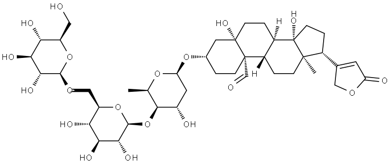 Card-20(22)-enolide, 3-[(O-β-D-glucopyranosyl-(1→6)-O-β-D-glucopyranosyl-(1→4)-2,6-dideoxy-β-D-xylo-hexopyranosyl)oxy]-5,14-dihydroxy-19-oxo-, (3β,5β)- Struktur