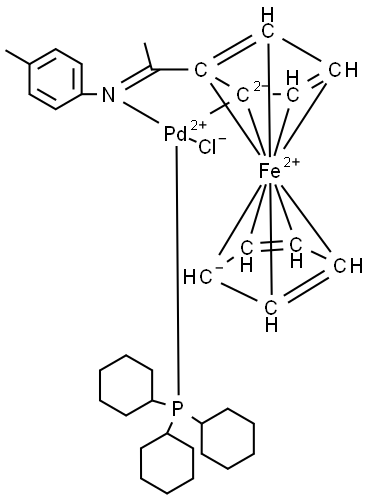 Palladium, chloro[2-[1-[(4-methylphenyl)imino-.kappa.N]ethyl]ferrocenyl-.kappa.C](tricyclohexylphosphine)- Struktur