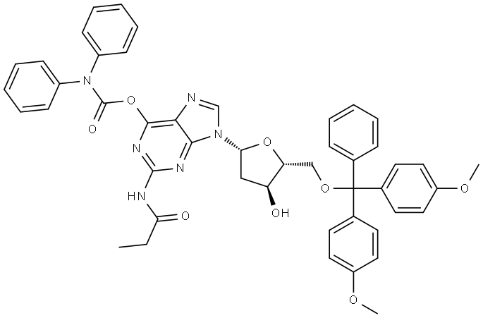 Guanosine, 5'-O-[bis(4-methoxyphenyl)phenylmethyl]-2'-deoxy-N-(1-oxopropyl)-, 6-(diphenylcarbamate) (9CI)