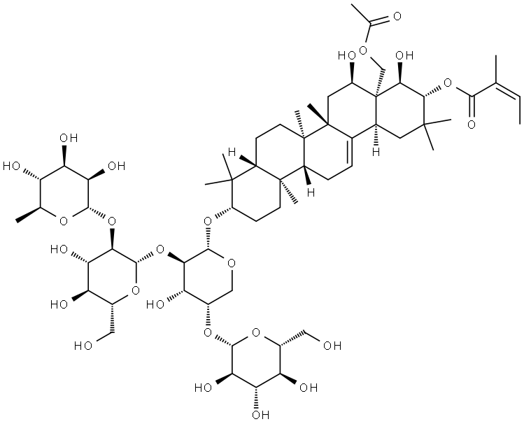 Olean-12-ene-16,21,22,28-tetrol, 3-[(O-6-deoxy-α-L-mannopyranosyl-(1→2)-O-β-D-glucopyranosyl-(1→2)-O-[β-D-glucopyranosyl-(1→4)]-α-L-arabinopyranosyl)oxy]-, 28-acetate 21-[(2Z)-2-methyl-2-butenoate], (3β,16α,21β,22α)- Struktur