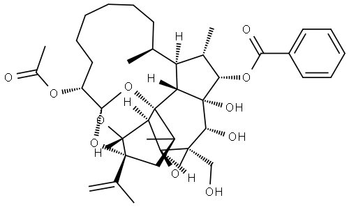 2H-1,6:2,6-Diepoxybenz[7,8]oxireno[5,6]azuleno[8,1-bc]oxacyclotridecin-7,16,16a,17-tetrol, eicosahydro-17a-(hydroxymethyl)-4,14,15-trimethyl-2-(1-methylethenyl)-, 7-acetate 16-benzoate, (1R,2R,4R,4aR,6S,7R,14R,14aS,15S,16S,16aS,16bR,17S,17aR,18aS,18bS)- (9CI) Struktur