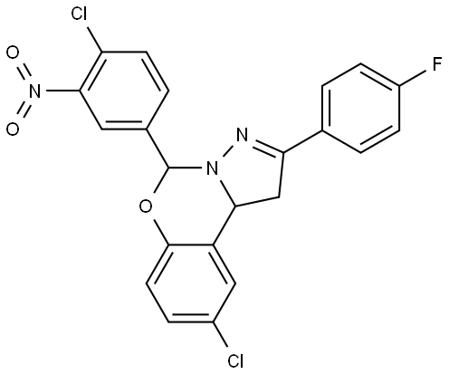 9-CHLORO-5-(4-CHLORO-3-NITROPHENYL)-2-(4-FLUOROPHENYL)-1,10B-DIHYDROPYRAZOLO[1,5-C][1,3]BENZOXAZINE Struktur