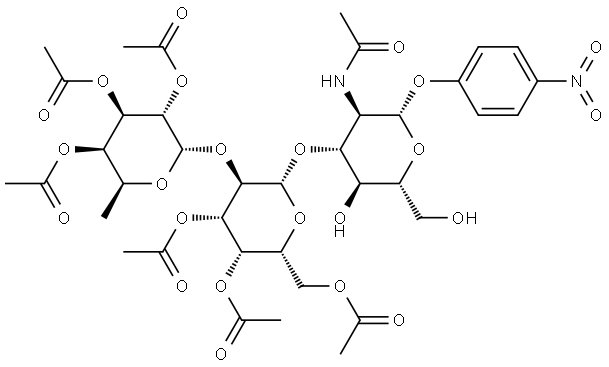 β-D-Glucopyranoside, 4-nitrophenyl O-2,3,4-tri-O-acetyl-6-deoxy-α-L-galactopyranosyl-(1→2)-O-3,4,6-tri-O-acetyl-β-D-galactopyranosyl-(1→3)-2-(acetylamino)-2-deoxy- Struktur