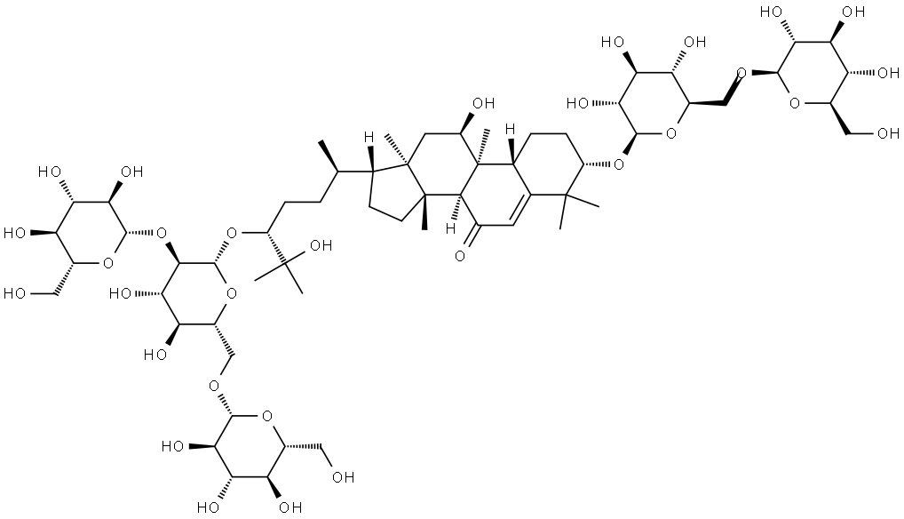 19-Norlanost-5-en-7-one, 24-[(O-β-D-glucopyranosyl-(1→2)-O-[β-D-glucopyranosyl-(1→6)]-β-D-glucopyranosyl)oxy]-3-[(6-O-β-D-glucopyranosyl-β-D-glucopyranosyl)oxy]-11,25-dihydroxy-9-methyl-, (3β,9β,10α,11α,24R)- Struktur