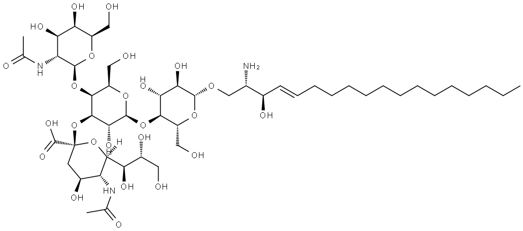 β-D-Glucopyranoside, (2S,3R,4E)-2-amino-3-hydroxy-4-octadecen-1-yl O-2-(acetylamino)-2-deoxy-β-D-galactopyranosyl-(1→4)-O-[N-acetyl-α-neuraminosyl-(2→3)]-O-β-D-galactopyranosyl-(1→4)- Struktur