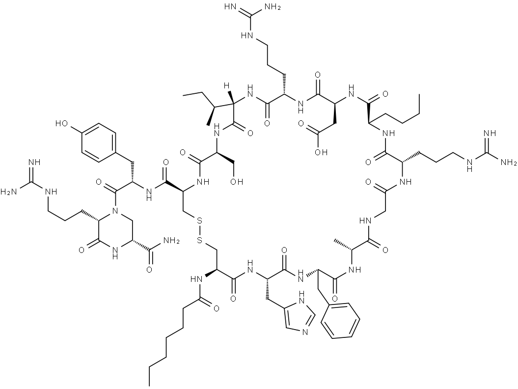 2-Piperazinecarboxamide, N4-[N-(1-oxoheptyl)-L-cysteinyl-L-histidyl-L-phenylalanyl-D-alanylglycyl-L-arginyl-D-norleucyl-L-α-aspartyl-L-arginyl-L-isoleucyl-L-seryl-L-cysteinyl-L-tyrosyl]-5-[3-[(aminoiminomethyl)amino]propyl]-6-oxo-, cyclic (1→12)-disulfide, (2R,5S)- Struktur