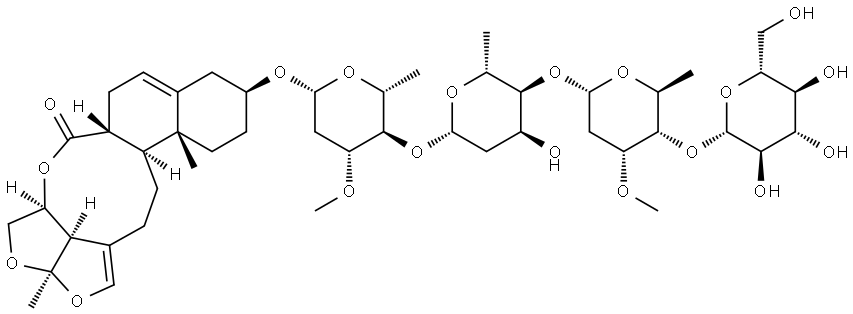 6H-2,3,5-Trioxapentaleno[1′,6′:5,6,7]cyclonona[1,2-a]naphthalen-6-one, 10-[(O-β-D-glucopyranosyl-(1→4)-O-2,6-dideoxy-3-O-methyl-α-L-ribo-hexopyranosyl-(1→4)-O-2,6-dideoxy-β-D-ribo-hexopyranosyl-(1→4)-2,6-dideoxy-3-O-methyl-β-D-arabino-hexopyranosyl)oxy]-2a,4,4a,6a,7,9,10,11,12,12a,12b,13,14,14b-tetradecahydro-2a,12a-dimethyl-, (2aR,4aS,6aR,10S,12aR,12bS,14bR)- Struktur