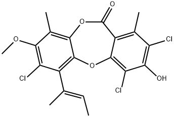 2,4,7-Trichloro-3-hydroxy-8-methoxy-1,9-dimethyl-6-(1-methyl-1-propenyl)-11H-dibenzo[b,e][1,4]dioxepin-11-one Struktur