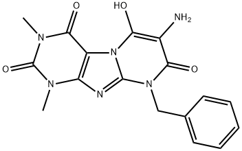 Pyrimido[2,1-f]purine-2,4,8(1H,3H,9H)-trione,  7-amino-6-hydroxy-1,3-dimethyl-9-(phenylmethyl)- Struktur