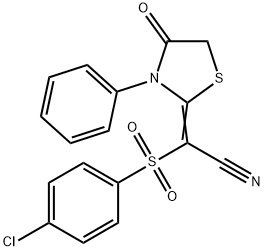 2-[(4-chlorophenyl)sulfonyl]-2-(4-oxo-3-phenyl-1,3-thiazolan-2-yliden)acetonitrile Struktur