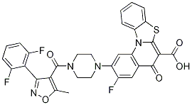 5H-Benzothiazolo[3,2-a]quinoline-6-carboxylic acid, 2-[4-[[3-(2,6-difluorophenyl)-5-methyl-4-isoxazolyl]carbonyl]-1-piperazinyl]-3-fluoro-5-oxo- Struktur