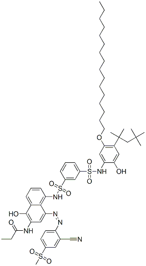 3-[8-[2-Cyano-4-(methylsulfonyl)phenylazo]-5-hydroxy-6-(propionylamino)-1-naphtylaminosulfonyl]-N-[5-hexadecyloxy-2-hydroxy-4-(1,1,3,3-tetramethylbutyl)phenyl]benzenesulfonamide Struktur