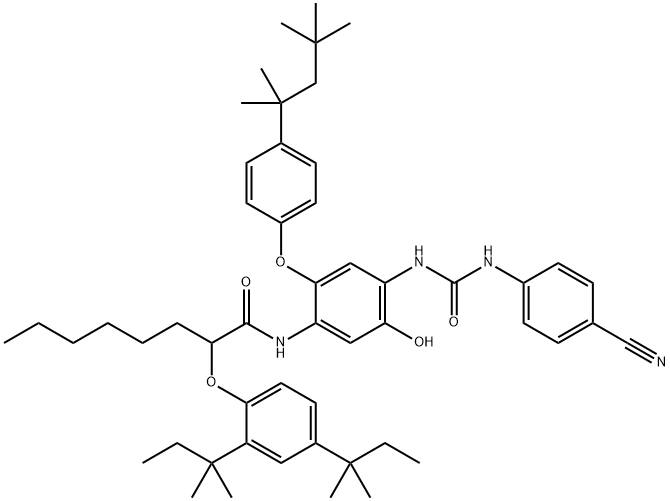 N-[4-[3-(4-Cyanophenyl)ureido]-5-hydroxy-2-[4-(1,1,3,3-tetramethylbutyl)phenoxy]phenyl]-2-(2,4-di-tert-pentylphenoxy)octanamide Struktur