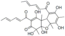 (-)-4a,5a,9a,9b-Tetrahydro-1,4,4a,6,8-pentahydroxy-4,5a,7,9b-tetramethyl-2,9-bis(1-oxo-2,4-hexadienyl)dibenzofuran-3(4H)-one Struktur