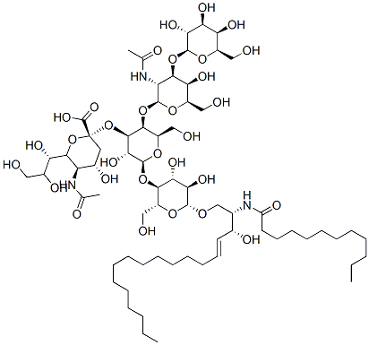 (2S,4S,5R)-2-((2S,3R,4R,5S,6R)-2-((2R,3S,4R,5R,6R)-6-((2S,3R,E)-2-dodecanamido-3-hydroxyoctadec-4-enyloxy)-4,5-dihydroxy-2-(hydroxymethyl)tetrahydro-2H-pyran-3-yloxy)-5-((2S,3R,4R,5R,6R)-3-ethanamido-5-hydroxy-6-(hydroxymethyl)-4-((2R,3R,4S,5R,6R)-3,4,5-trihydroxy-6-(hydroxymethyl)tetrahydro-2H-pyran-2-yloxy)tetrahydro-2H-pyran-2-yloxy)-3-hydroxy-6-(hydroxymethyl)tetrahydro-2H-pyran-4-yloxy)-5-ethanamido-4-hydroxy-6-((1S,2S)-1,2,3-trihydroxypropyl)tetrahydro-2H-pyran-2-carboxylic acid Struktur