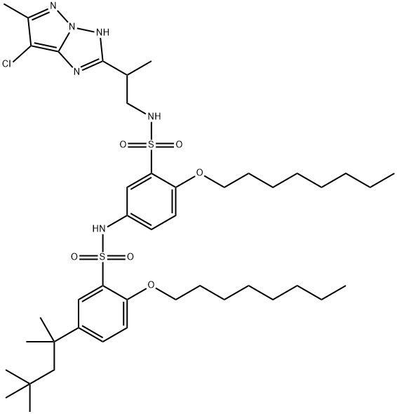 N-[3-[N-[2-(7-Chloro-6-methyl-1H-pyrazolo[1,5-b][1,2,4]triazol-2-yl)propyl]sulfamoyl]-4-(octyloxy)phenyl]-2-(octyloxy)-5-(1,1,3,3-tetramethylbutyl)benzenesulfonamide Struktur