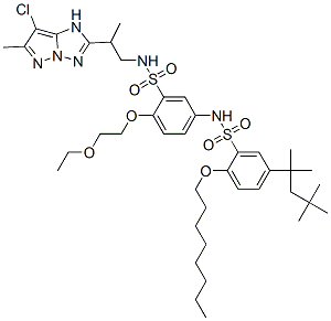 N-[3-[N-[2-(7-Chloro-6-methyl-1H-pyrazolo[1,5-b][1,2,4]triazol-2-yl)propyl]aminosulfonyl]-4-(2-ethoxyethoxy)phenyl]-2-octyloxy-5-(1,1,3,3-tetramethylbutyl)benzenesulfonamide Struktur