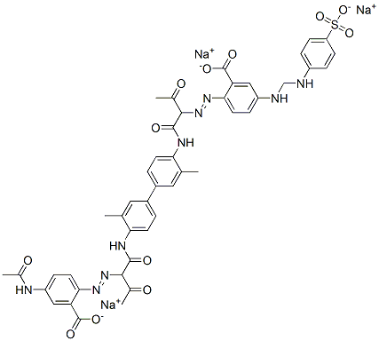 Benzoic acid, 2-[[1-[[[4'-[[2-[[4-(acetylamino) -2-carboxyphenyl]azo]-1,3-dioxobutyl]amino ]-3,3'-dimethyl[1,1'-biphenyl]-4-yl]amino]carbony l]-2-oxopropyl]azo]-5-[[[(4-sulfophenyl)amino]carbon yl]amino]-, trisodium salt Struktur