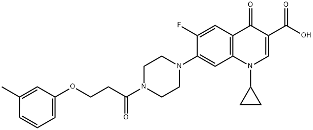 3-Quinolinecarboxylic acid, 1-cyclopropyl-6-fluoro-1,4-dihydro-7-[4-[3-(3-Methylphenoxy)-1-oxopropyl]-1-piperazinyl]-4-oxo- Struktur