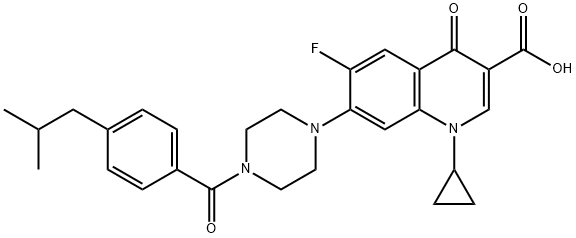 3-Quinolinecarboxylic acid, 1-cyclopropyl-6-fluoro-1,4-dihydro-7-[4-[4-(2-Methylpropyl)benzoyl]-1-piperazinyl]-4-oxo- Struktur