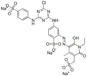 4-[4-Chloro-6-(4-sulfoanilino)-1,3,5-triazin-2-ylamino]-2-(1-ethyl-2-hydroxy-4-methyl-6-oxo-5-sulfomethyl-1,6-dihydropyridin-3-ylazo)benzenesulfonic acid trisodium salt Struktur