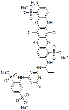 tetrasodium 10-amino-6,13-dichloro-3-(3-(4-(2,5-disulfonatoanilino)-6-fluoro-1,3,5-triazin-2-ylamino)prop-3-ylamino)-5,12-dioxa-7,14-diazapentacene-4,11-disulfonate Struktur