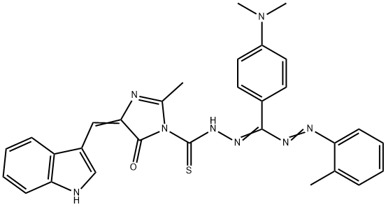 1H-Imidazole-1-carbothioic acid, 4,5-dihydro-4-(1H-indol-3-ylmethylene )-2-methyl-5-oxo-, ((4-(dimethylamino)phenyl)((2-methylphenyl)azo)meth ylene)hydrazide Struktur