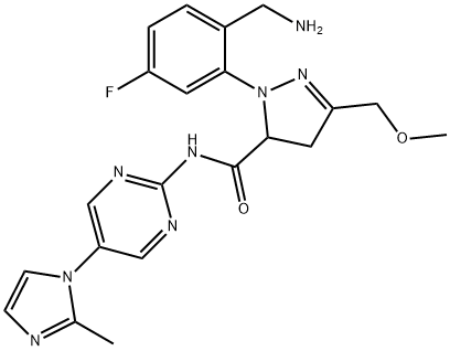 1-[2-(Aminomethyl)-5-fluorophenyl]-4,5-dihydro-3-(methoxymethyl)-N-[5-(2-methyl-1H-imidazol-1-yl)-2-pyrimidinyl]-1H-pyrazole-5-carboxamide Struktur