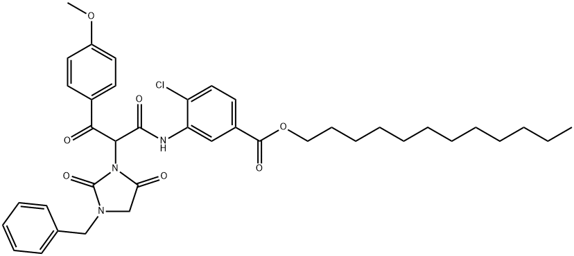 2-(1-Benzyl-2,4-dioxoimidazolidin-3-yl)-2'-chloro-5'-(dodecyloxycarbonyl)-2-(4-methoxybenzoyl)acetanilide Struktur