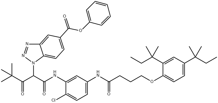 1-[1-[N-[2-Chloro-5-[4-(2,4-di-tert-pentylphenoxy)butyrylamino]phenyl]carbamoyl]-3,3-dimethyl-2-oxobutyl]-1H-benzotriazole-5-carboxylic acid phenyl ester Struktur