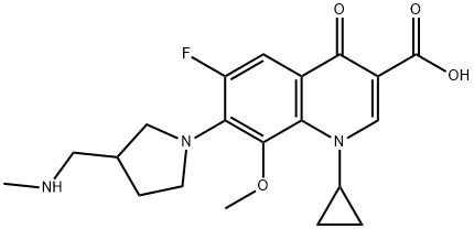 3-Quinolinecarboxylic acid, 1-cyclopropyl-6-fluoro-1,4-dihydro-8-Methoxy-7-[3-[(MethylaMino)Methyl]-1-pyrrolidinyl]-4-oxo- Struktur