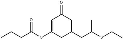 Butyric acid 5-[2-(ethylthio)propyl]-3-oxo-1-cyclohexen-1-yl ester Struktur